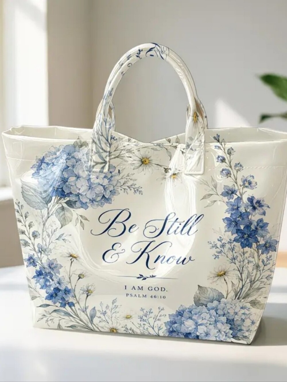 Women Inspirational Be Still & Know PVC Large Hand Tote Bag